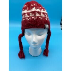 The North Face Red Knit Trapper Hat w/ White Snowflake Pattern One Size Acrylic